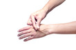 Skin elasticity check. the right hand  pull the skin on the back of left hand