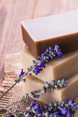 Poster - Handmade soap bars with lavender flowers, Closeup