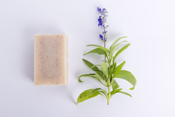 Poster - Homemade Soap with Lavender Flowers on White Background