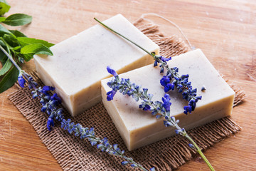 Poster - Handmade soap bars with lavender flowers on wooden table