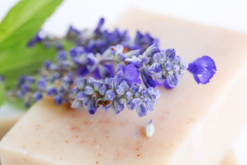 Poster - Closeup of handmade Soap. Handmade soap bars with lavender flowers