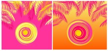 Summery T-shirt Tropical Prints Variation With Yellow And Pink Coconut Palm Leaves And Hot Sun On Pink And Orange Backgrounds