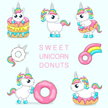 Set Of Cute Baby Unicorns Playing With Donuts.Vector Illustration