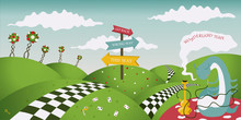 Wonderland Fantastic Landscape With Roses. Caterpillar Smokes A Hookah. Horizontal Banner, Vector Illustration(the Characters In Fantasy Tales Alice In Wonderland)