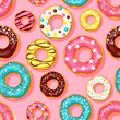Seamless pattern. Pink donut, chocolate donut, lemon and blue mint donuts with different topping on pink background