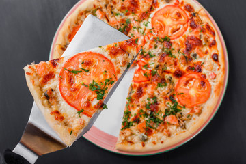 Canvas Print - Pizza with chicken, tomatoes, mushrooms, greens and cheese on dark wooden background. Homemade pizza. Top view