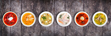 Set Of Soups From Worldwide Cuisines, Healthy Food. Cream Soup With Mushrooms, Asian Fish Soup, Soup With Meat