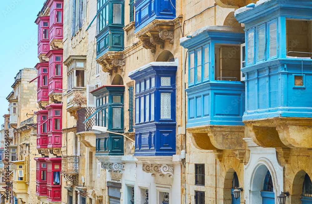 Colored Maltese balconies of Republic street, Valletta, Malta - obrazy, fototapety, plakaty 