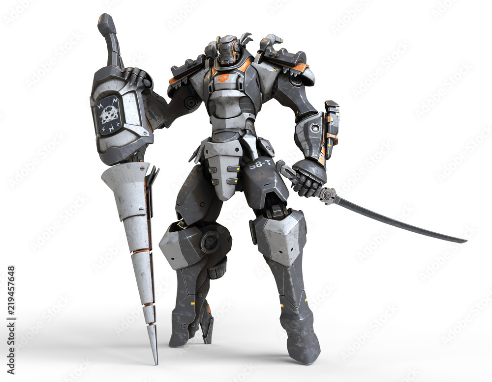 Sci-fi mech warrior holds a large lance with one hand and a katana in the other hand. Futuristic robot with white and gray color metal. Mech Battle. Orange paint. 3D rendering on a white background. - obrazy, fototapety, plakaty 