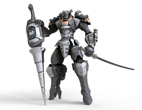 Sci-fi mech warrior holds a large lance with one hand and a katana in the other hand. Futuristic robot with white and gray color metal. Mech Battle. Orange paint. 3D rendering on a white background.