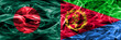 Bangladesh vs Eritrea smoke flags placed side by side. Thick colored silky smoke flags of Bangladesh and Eritrea