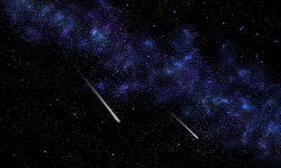 Meteor shower against the backdrop of the colorful galaxy nebula