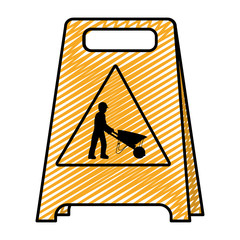 doodle plastic caution emblem and laborer with wheelbarrow