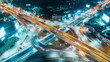 Aerial view highway road intersection at dusk for transportation, distribution or traffic background.