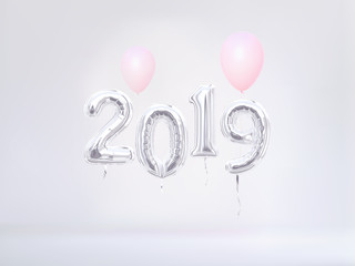 Wall Mural - 2019 New Year banner. Foil balloon numeral 2019. 3d rendering.