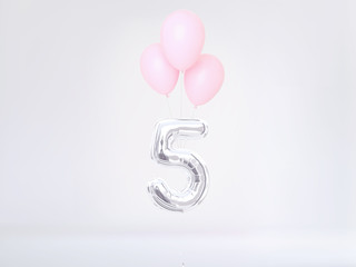 Wall Mural - Five Year birthday. Number 5 flying foil balloon. Five-year anniversary background. 3D rendering