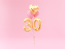 30 Years Old. Gold Balloons Number 30th Anniversary, Happy Birthday Congratulations. 3d Rendering.