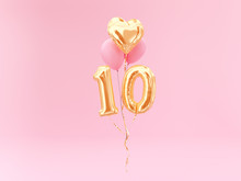10 Years Old. Gold Balloons Number 10th Anniversary, Happy Birthday Congratulations. 3d Rendering.