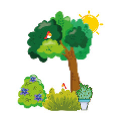 Poster - pixelated birds in the trees and farm plants