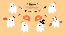Set, Collection Of Cute Cartoon Ghost Characters, Having Fun, Dressing In Different Costumes, Hanging Decorations And Celebrating Halloween.
