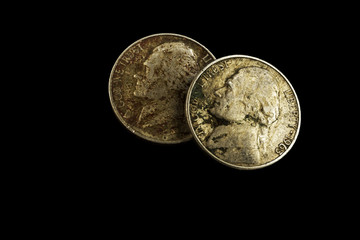 Two Old Nickels - Tarnished - 1963 - Solid Black Background 