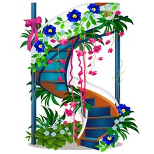 A Beautiful Spiral Staircase With Flowers Isolated On White Background. Vector Cartoon Close-up Illustration.