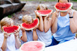 © Iryna - Group of four different age child with big red slice of watermelon hiding face behind piece of watermelon. Kidnergartnen camp picnic concept