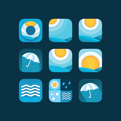 Wall Mural - Set weather icons sun in sky, rain drops, snow and umbrella. Flat vector weather and meteorology for mobile and web application.