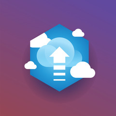 Wall Mural - White clouds on blue sky and arrow pointing upwards vector badge.