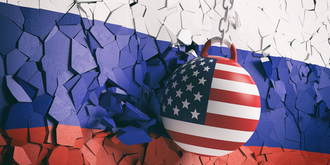 Poster - USA flag wrecking ball breaking a Russia flag wall. 3d illustration