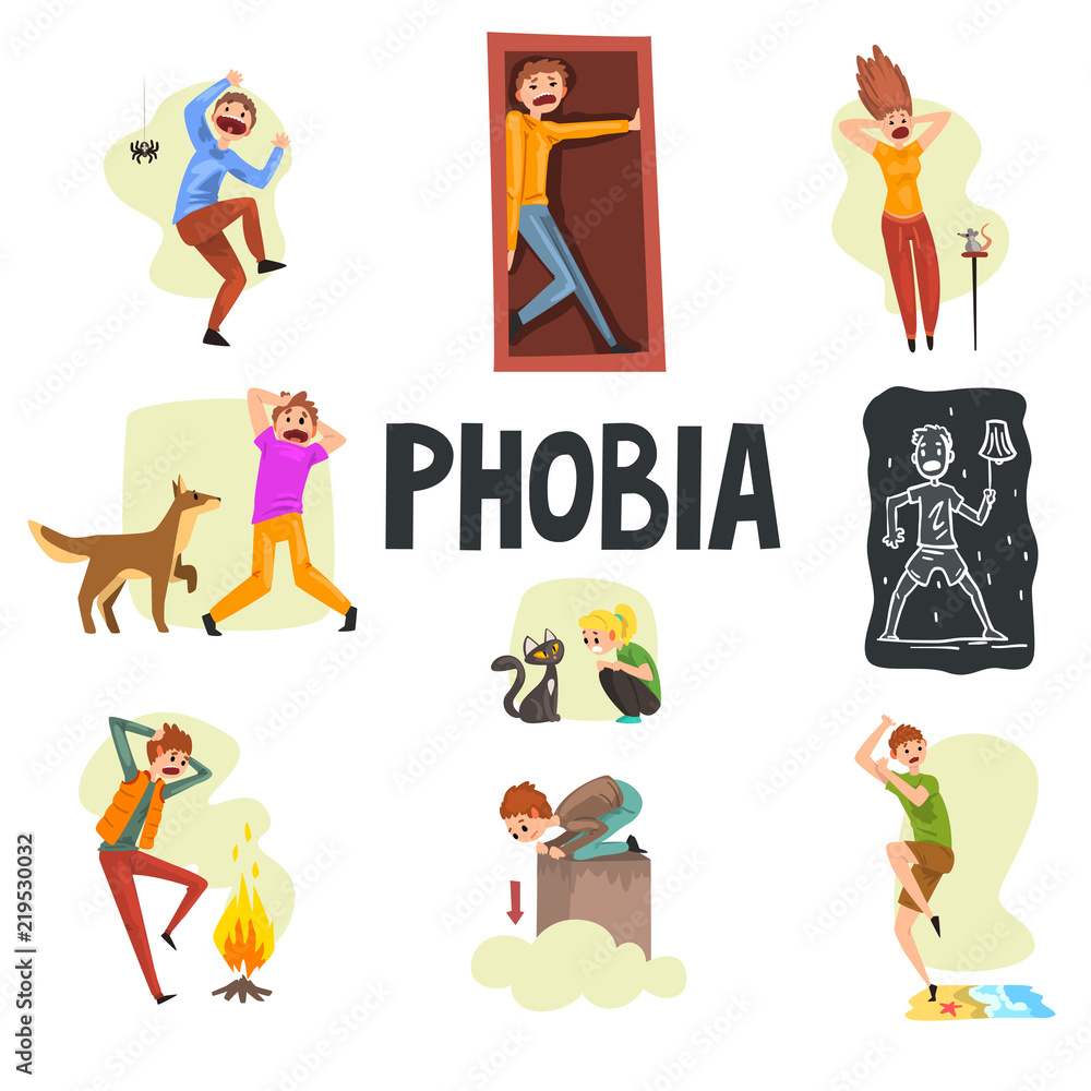 Toxicophobia People suffering from various phobias set, arachnophobia ...