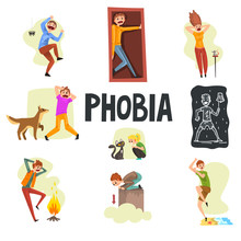 People Suffering From Various Phobias Set, Arachnophobia, Claustrophobia, Musophobia, Cynophobia, Nyctophobia, Pyrophobia, Ailurophobia, Acrophobia, Hydrophobia Vector Illustrations