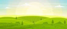 Sunny Rural Landscape With Hills And Fields At Dawn. Summer Green Hills, Meadows And Fields, Blue Sky With White Clouds.