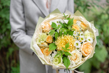 Beautiful Spring Bouquet. Arrangement With Mix Flowers. The Concept Of A Flower Shop, A Small Family Business.