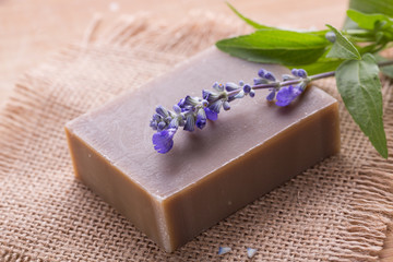 Poster - Closeup of handmade lavender soap on table