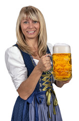 Wall Mural - Fröhliche blonde Frau mit Maßkrug Bier auf dem Oktoberfest in München