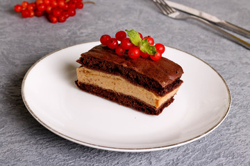 Wall Mural - Chocolate cake slice with red currants