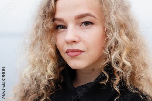 Beautiful Young Woman With Curly Hair Green Eyes Girl In Casual