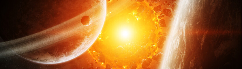 Wall Mural - exploding sun in space close to planet 3d rendering elements of this image furnished by nasa
