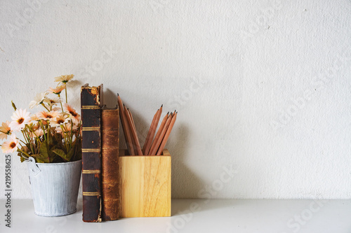 Workspace Mock Up Wooden Tabletop With Vintage Books Pencils And