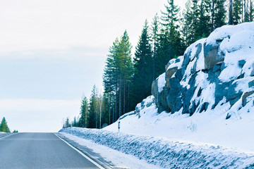 Canvas Print - Winter road in Snow Forest at Cold Finland in Lapland