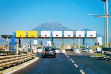 Sticker - Toll booth with Blank signs on road in Italy