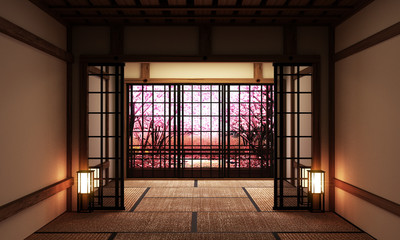 Room interior with window view Sakura tree,Japanese style. 3D rendering