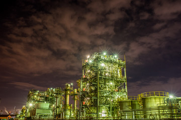 Wall Mural - It is a night view of the factory. The light trace turns into a star shape and it is reflected very beautifully. This is Kawasaki which is an industrial area in Japan.