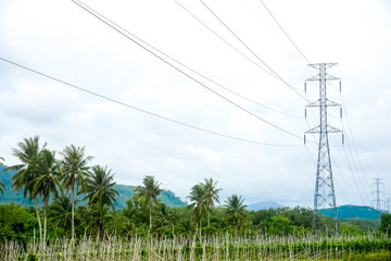 High voltage electricity pole with clear blue sky landscape