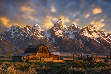 Morning light over John Moulton Barn at the Grand Tetons National Park