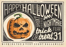 Halloween Card Design. Happy Halloween Retro Poster Design With Pumpkin Head And Artistic Lettering.