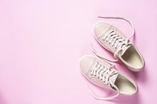 Woman Fashion Pink Shoes On Pink Background.