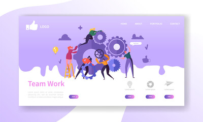 Website Development Landing Page Template. Mobile Application Layout with Flat Business People Running Gears. Team Work Concept. Easy to Edit and Customize. Vector illustration