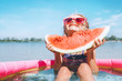 © Soloviova Liudmyla - Little girl in pink sunglasses with bid watermelon segment funny portrait